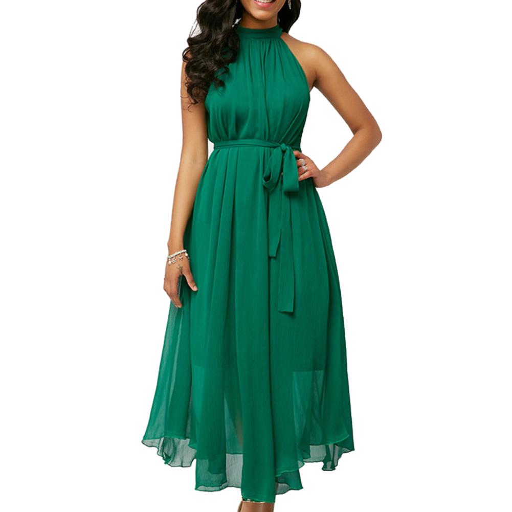 High quality Plus Size Womens dress Summer Solid Color Pleated Chiffon Sleeveless Belted Maxi party Dress