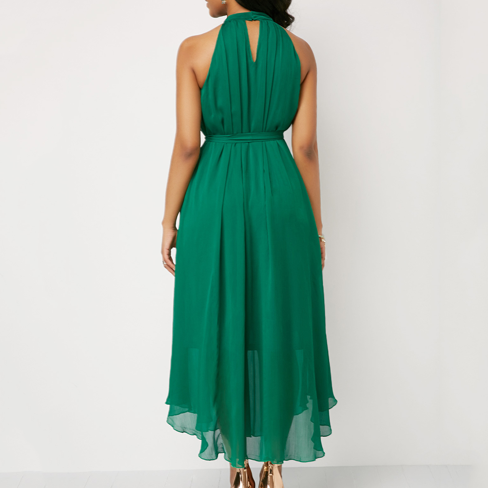 High quality Plus Size Womens dress Summer Solid Color Pleated Chiffon Sleeveless Belted Maxi party Dress