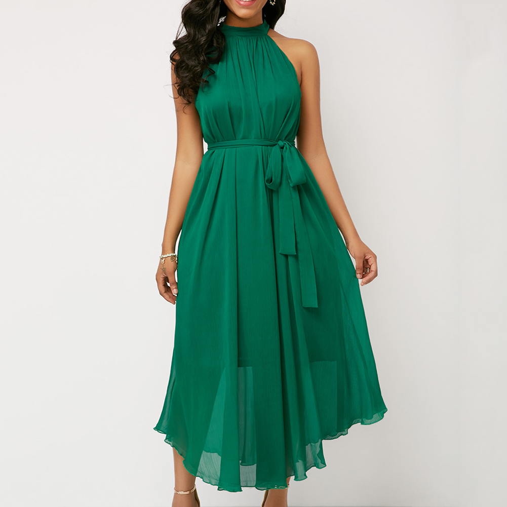 High quality Plus Size Womens dress Summer Solid Color Pleated Chiffon Sleeveless Belted Maxi party Dress
