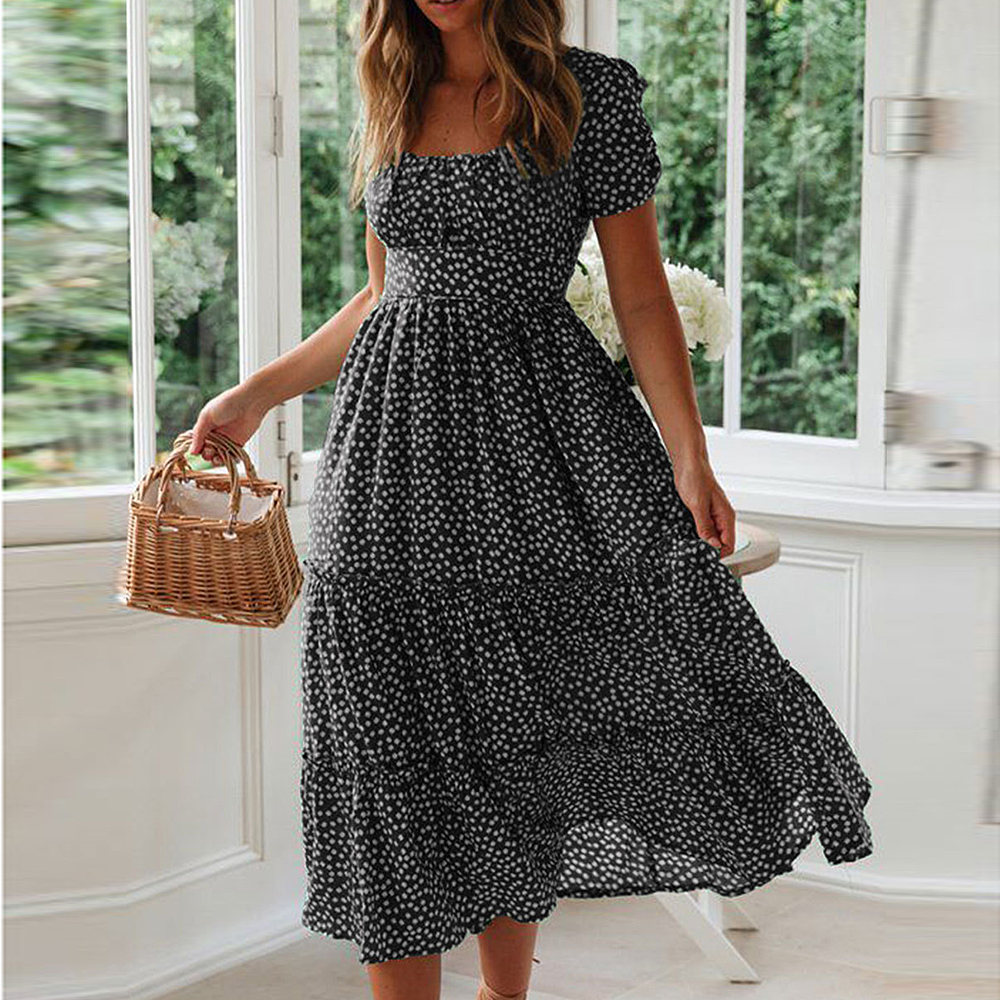 High quality Women Summer Dresses Women Casual Bohemian Short Sleeve Square Neck Wrap Boho Maxi dress