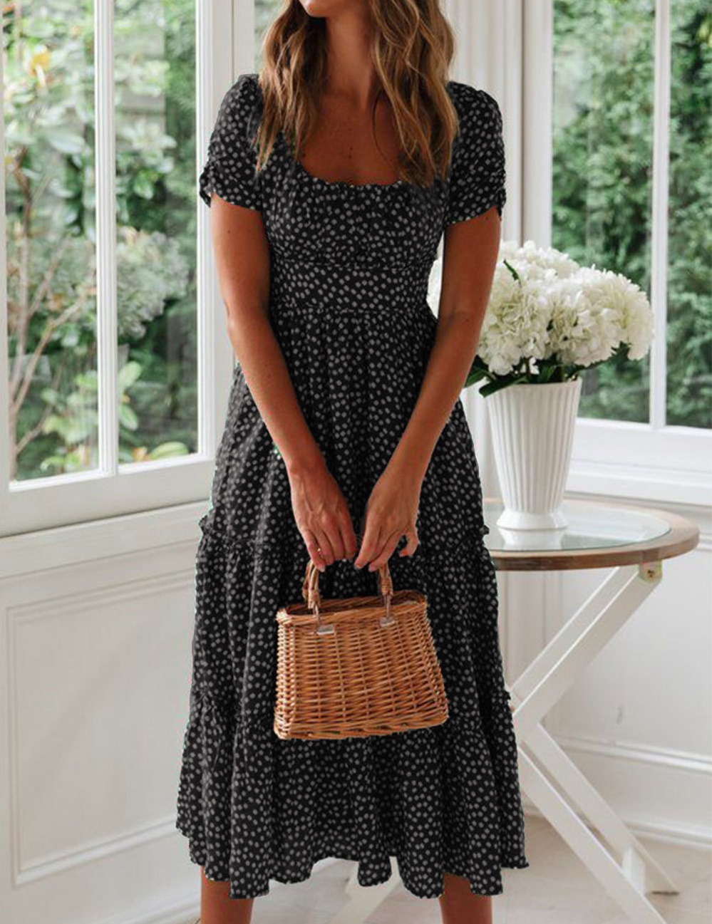 High quality Women Summer Dresses Women Casual Bohemian Short Sleeve Square Neck Wrap Boho Maxi dress