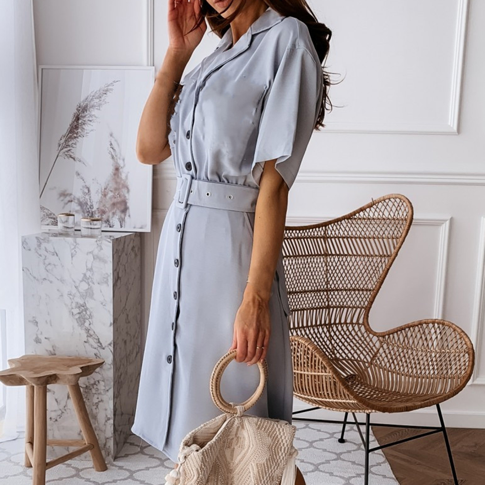 High quality Women Summer Short Sleeve Sexy Shirt Dresses Waistbelt Turn-Down Collar Single Breasted Plus Size dress