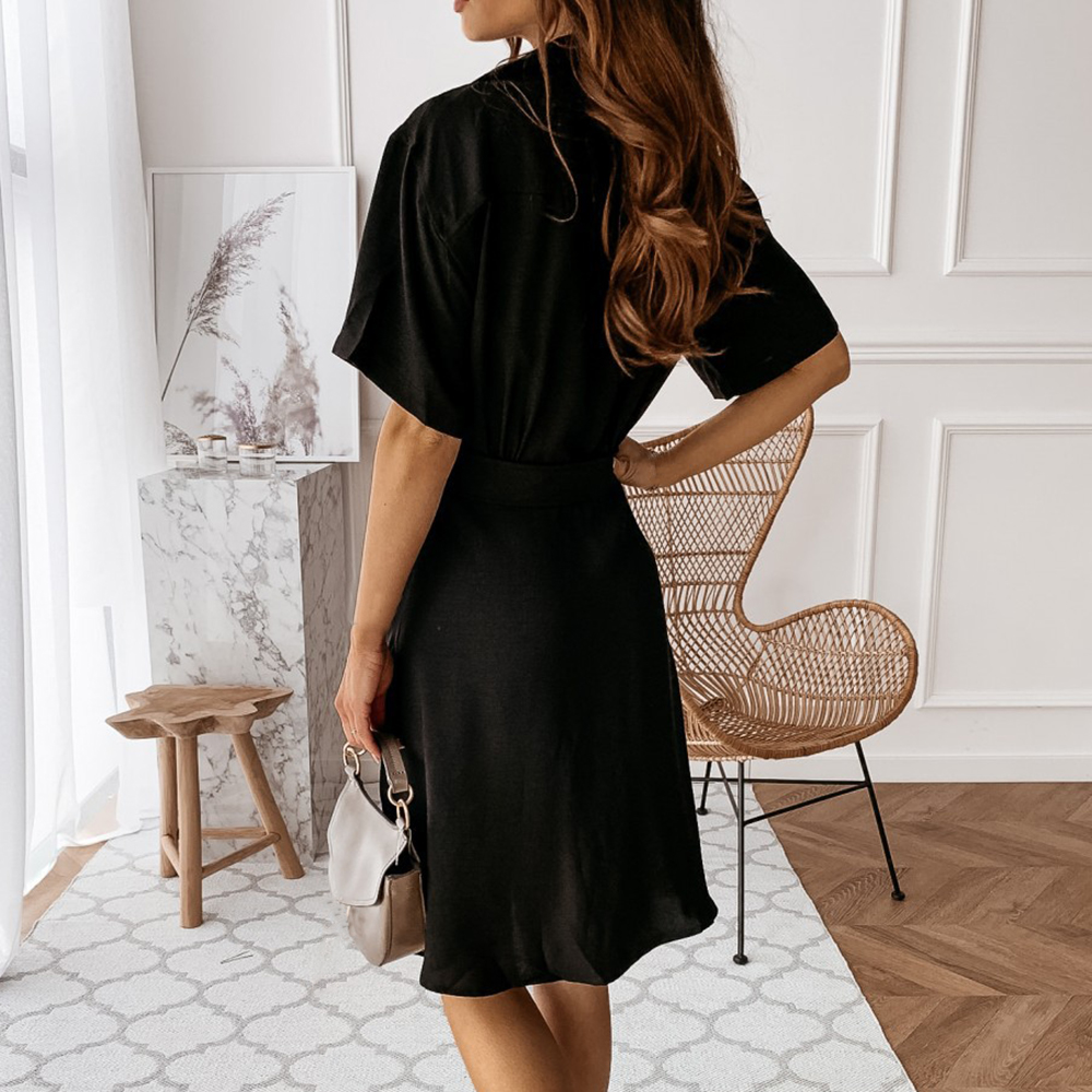 High quality Women Summer Short Sleeve Sexy Shirt Dresses Waistbelt Turn-Down Collar Single Breasted Plus Size dress