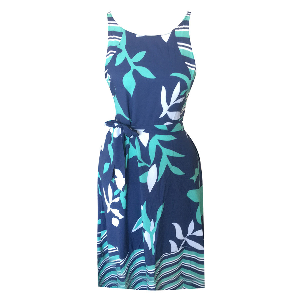 High quality Women Summer O Neck Sleeveless Print Sashes A Line Dress Casual Ladies Dresses Beach Sundress