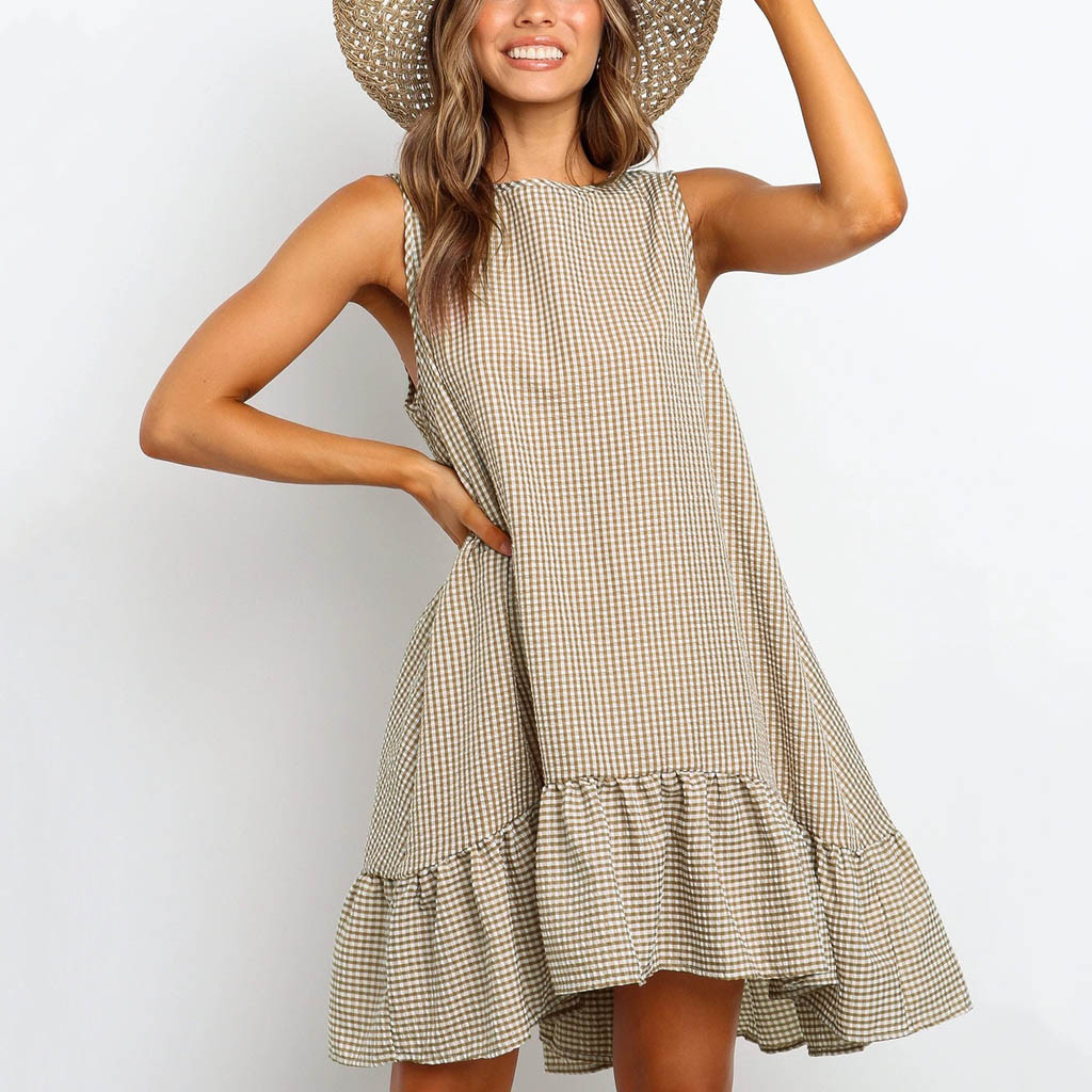 High quality Women Summer Dresses Plaid Print Chiffon Sleeveless Casual Beach Mini Dress Sundress Women dress