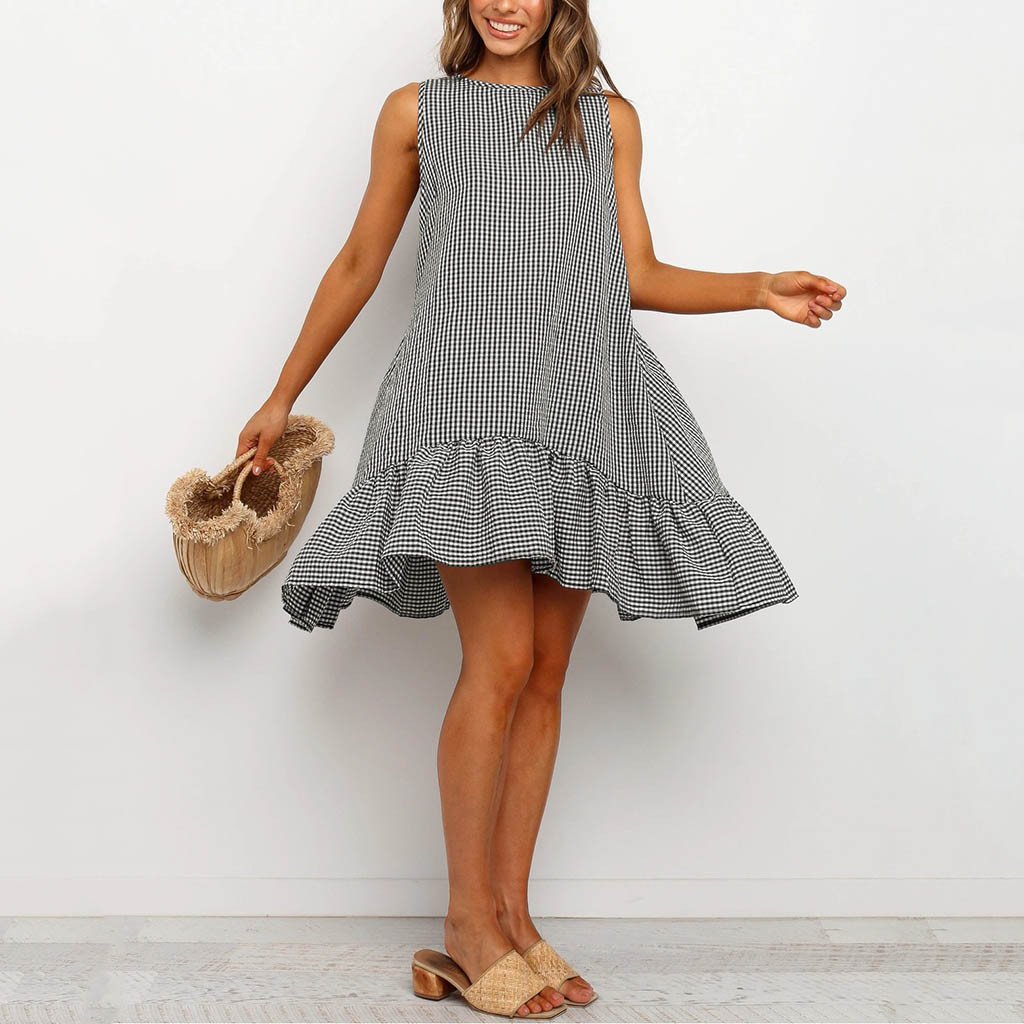 High quality Women Summer Dresses Plaid Print Chiffon Sleeveless Casual Beach Mini Dress Sundress Women dress
