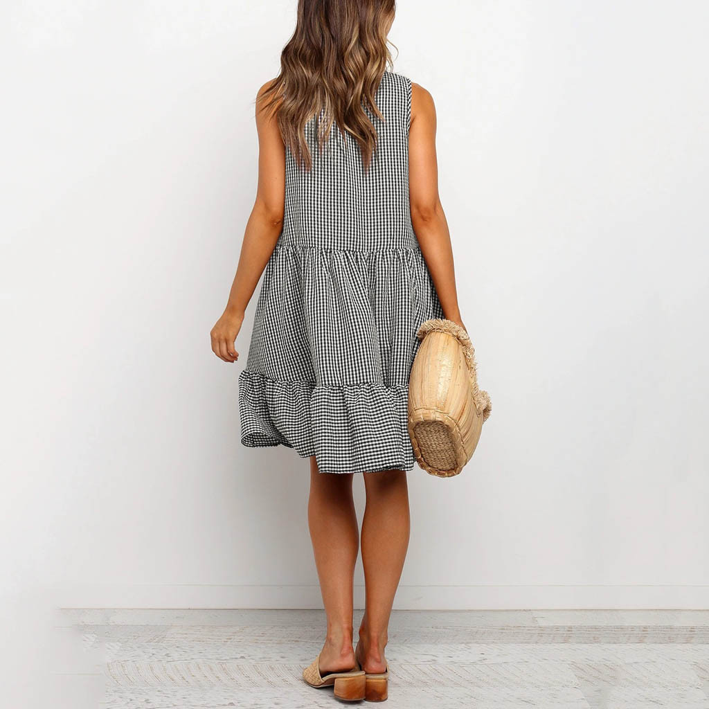 High quality Women Summer Dresses Plaid Print Chiffon Sleeveless Casual Beach Mini Dress Sundress Women dress
