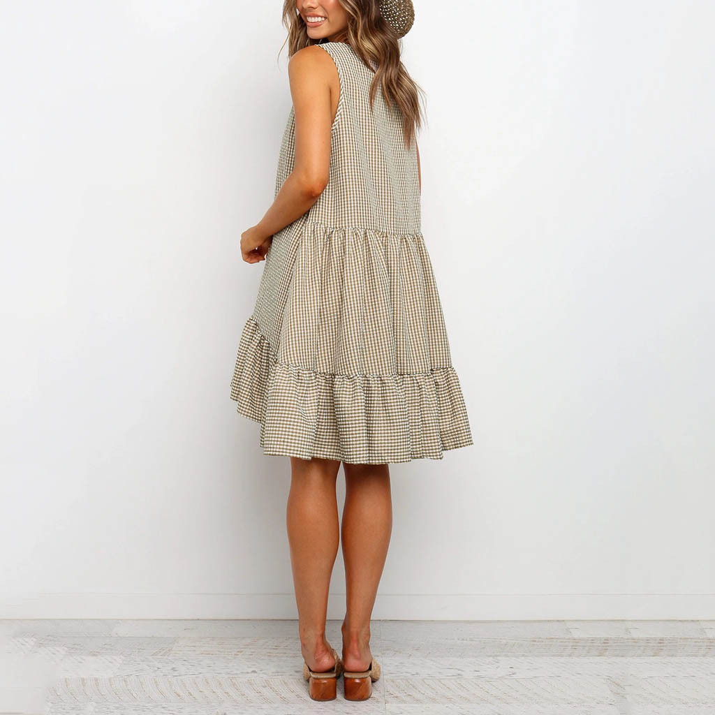 High quality Women Summer Dresses Plaid Print Chiffon Sleeveless Casual Beach Mini Dress Sundress Women dress