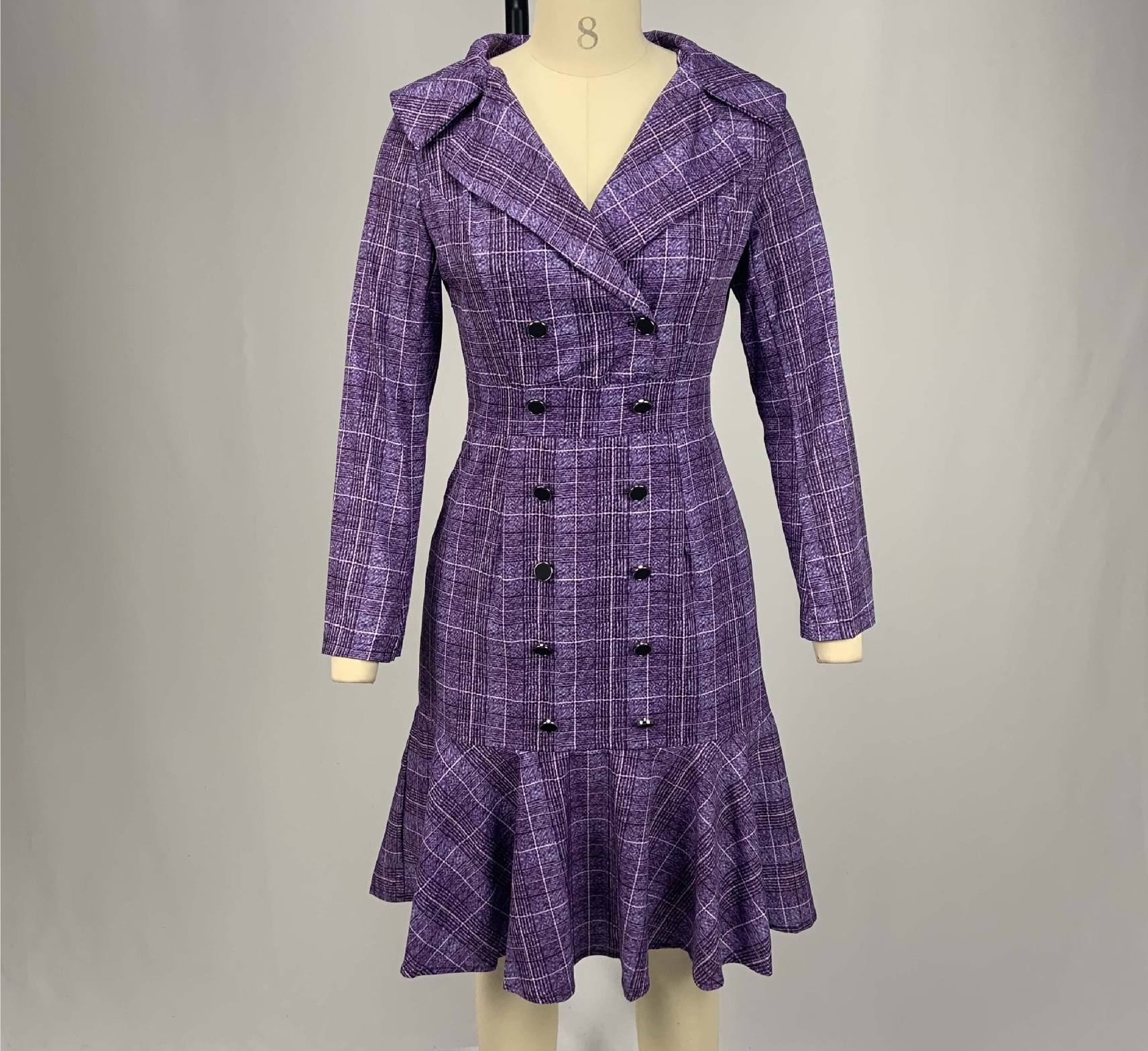 High quality Elegant Women Office Plaid Print Ruffle Trim  Long Sleeve Solid Plus Size dress