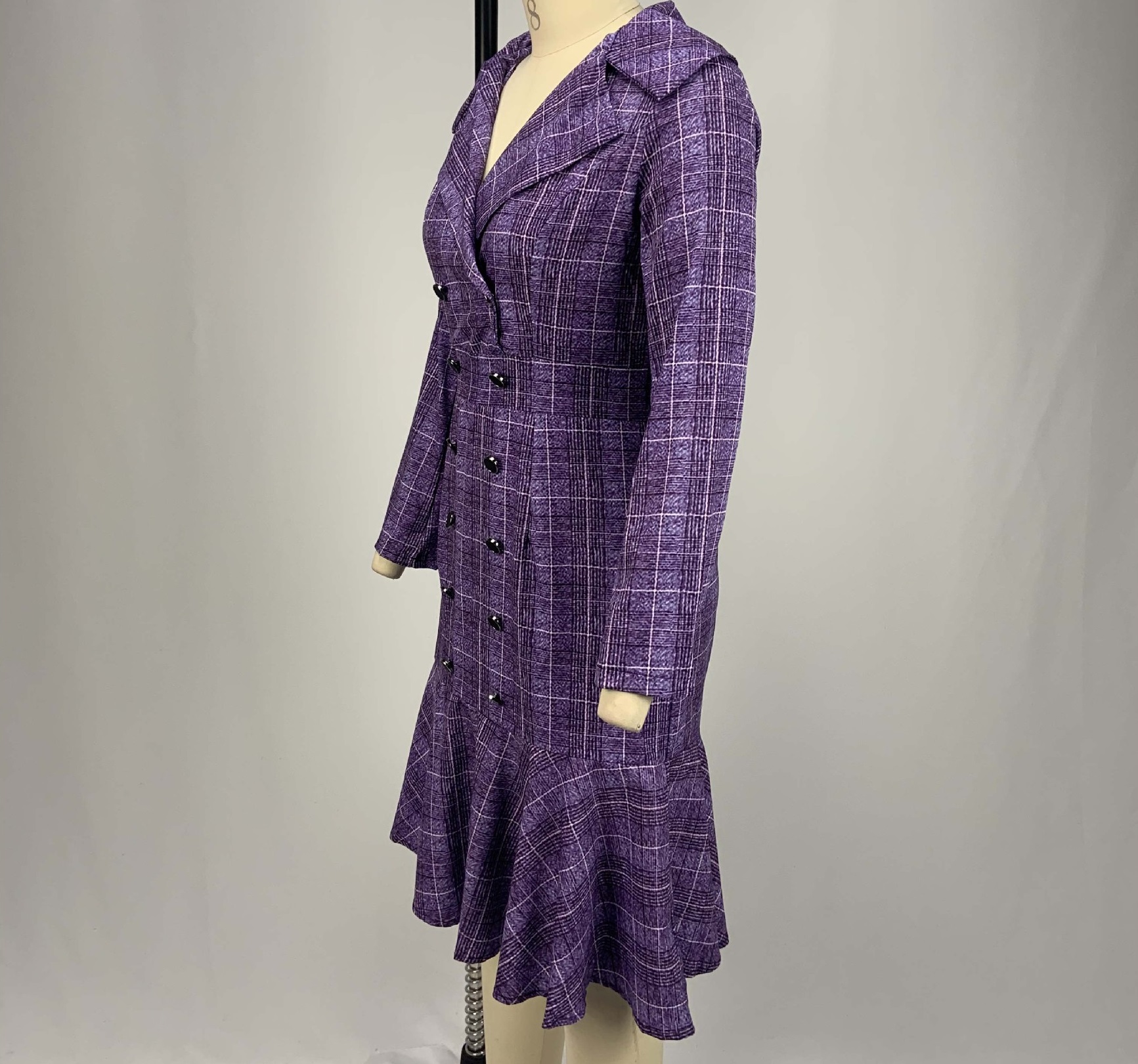High quality Elegant Women Office Plaid Print Ruffle Trim  Long Sleeve Solid Plus Size dress