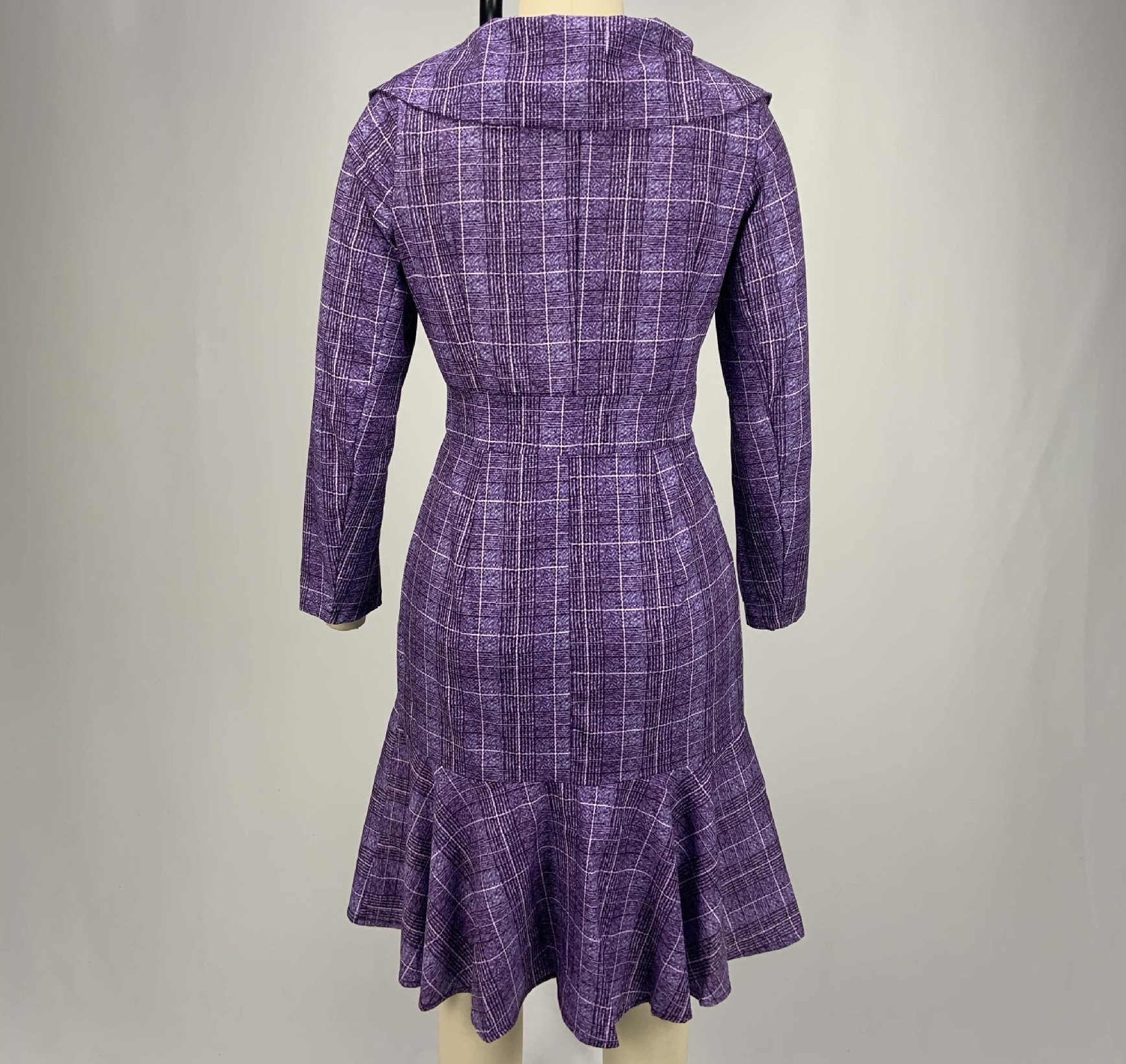 High quality Elegant Women Office Plaid Print Ruffle Trim  Long Sleeve Solid Plus Size dress