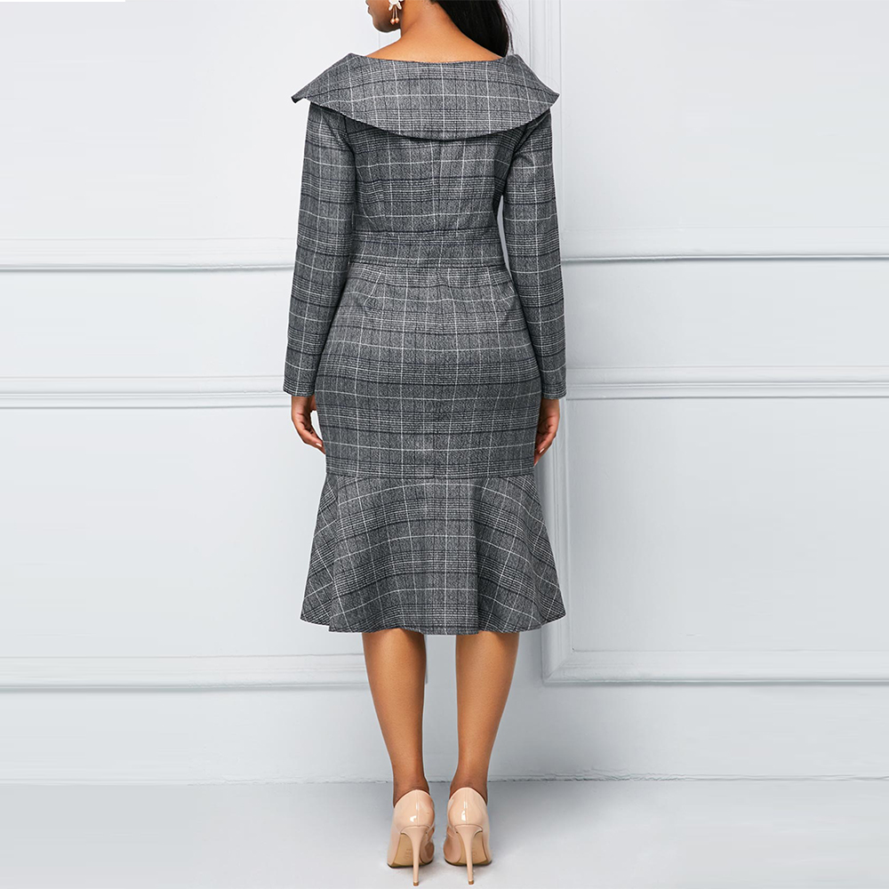 High quality Elegant Women Office Plaid Print Ruffle Trim  Long Sleeve Solid Plus Size dress