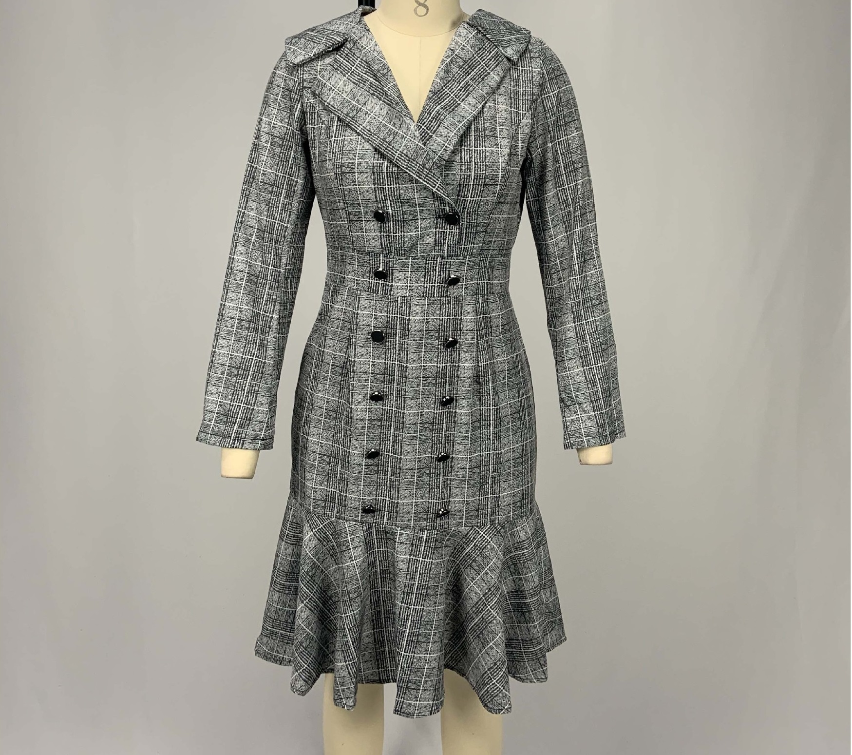 High quality Elegant Women Office Plaid Print Ruffle Trim  Long Sleeve Solid Plus Size dress