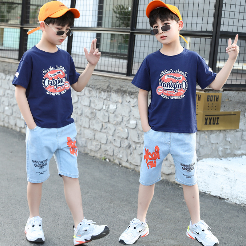 High quality Fashion Children Clothing Summer Boys Clothes Casual Print T-shirt Jeans Shorts 2pc Outfit Suits
