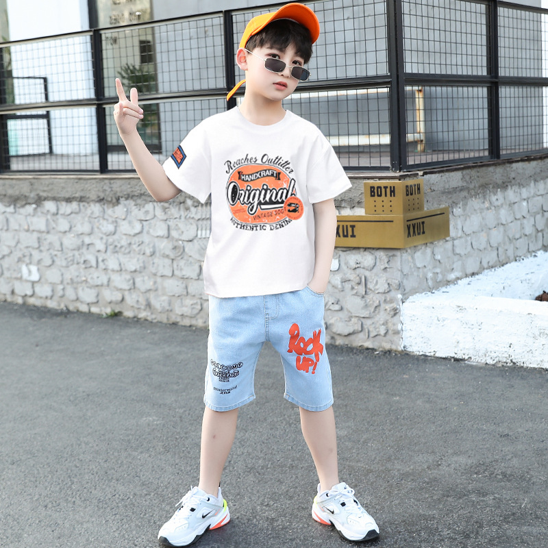 High quality Fashion Children Clothing Summer Boys Clothes Casual Print T-shirt Jeans Shorts 2pc Outfit Suits