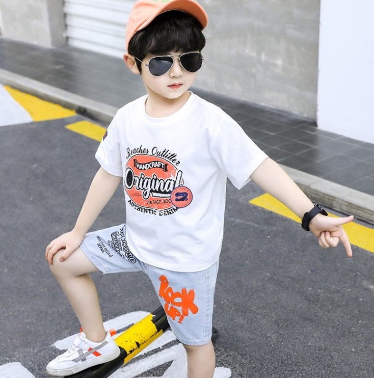 High quality Fashion Children Clothing Summer Boys Clothes Casual Print T-shirt Jeans Shorts 2pc Outfit Suits