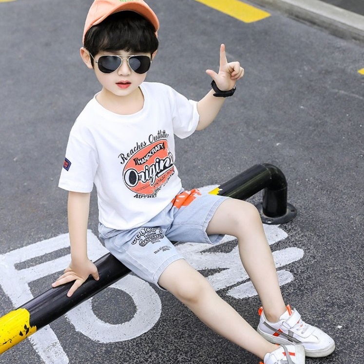 High quality Fashion Children Clothing Summer Boys Clothes Casual Print T-shirt Jeans Shorts 2pc Outfit Suits