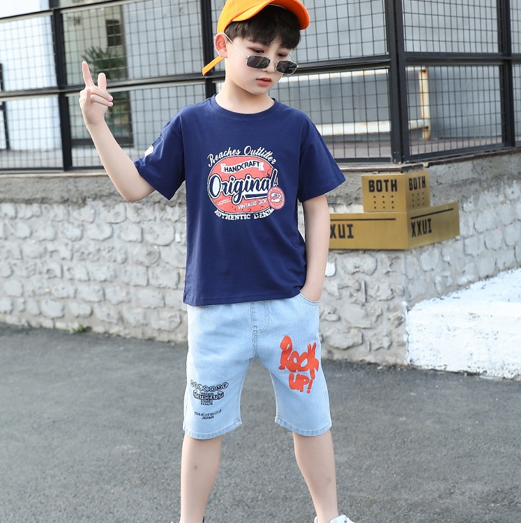 High quality Fashion Children Clothing Summer Boys Clothes Casual Print T-shirt Jeans Shorts 2pc Outfit Suits