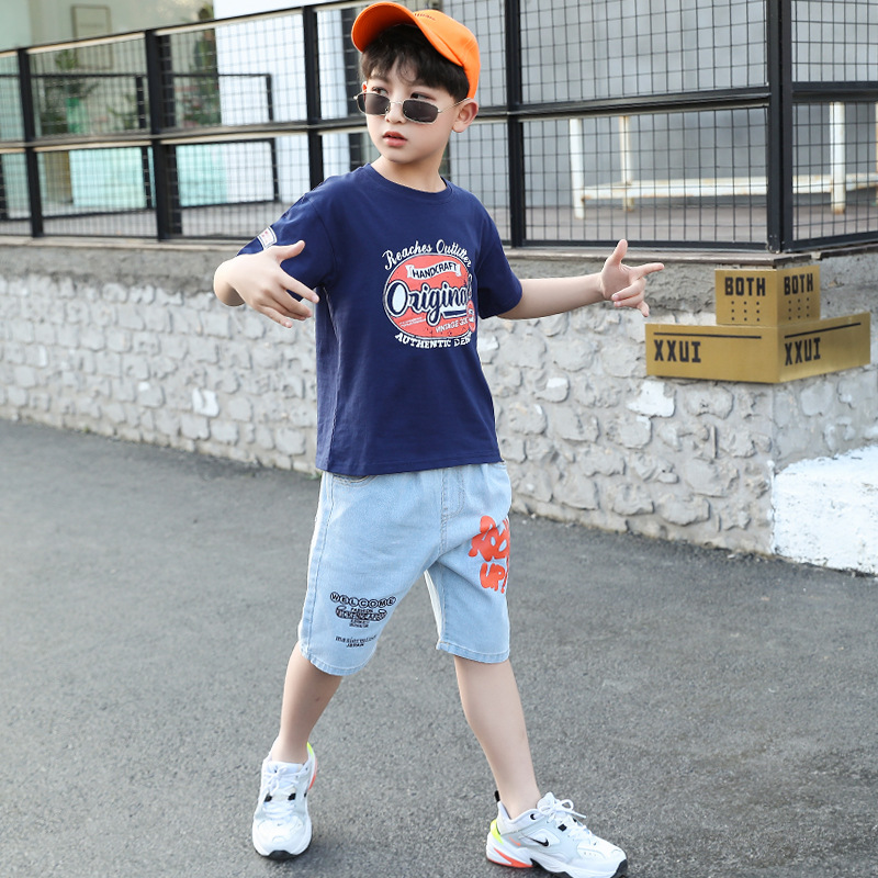High quality Fashion Children Clothing Summer Boys Clothes Casual Print T-shirt Jeans Shorts 2pc Outfit Suits