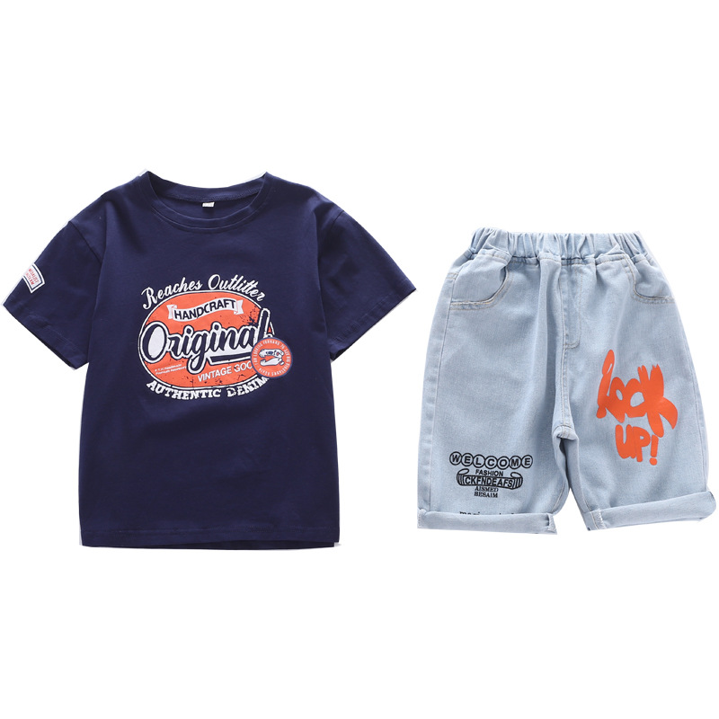 High quality Fashion Children Clothing Summer Boys Clothes Casual Print T-shirt Jeans Shorts 2pc Outfit Suits