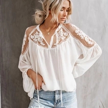 High quality Summer new White Chiffon blouses Women's Shirts Europe and the United Statesloose v-neck lace shirt