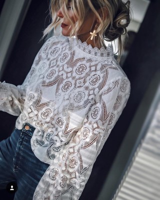2021 High quality womens lace white shirt spring autumn long sleeve hollow sexy tops female fashion blouse