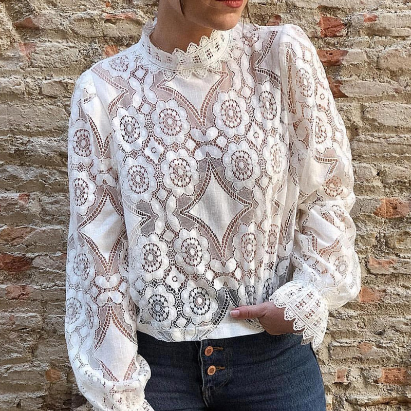 2021 High quality womens lace white shirt spring autumn long sleeve hollow sexy tops female fashion blouse