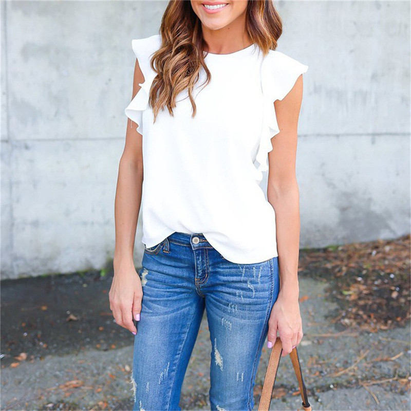 High quality New Women's Chiffon Blouse Lotus Leaf SleeveShort Sleeves Round Collar Shirt Temperament Chiffon Top