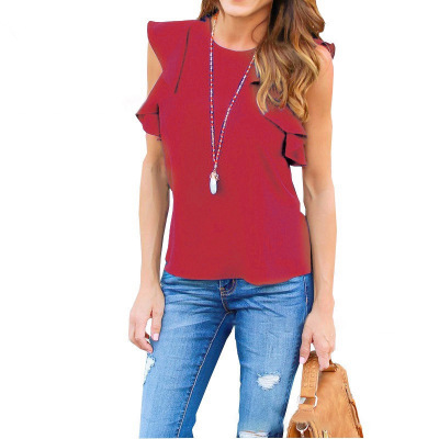 High quality New Women's Chiffon Blouse Lotus Leaf SleeveShort Sleeves Round Collar Shirt Temperament Chiffon Top