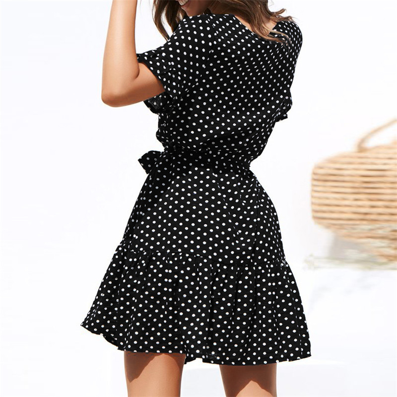 High quality Women Summer Beach Dress Casual Short Sleeve Polka Dot Dress Party Dress Elegant V Neck Sundress