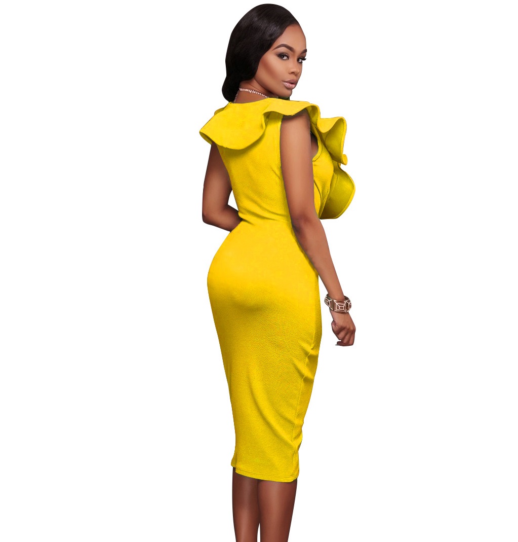 2021 High quality Women Summer Sexy Ladies Bodycon Dresses V Neck Sleeveless OL Pencil Ruffles Bandage Package