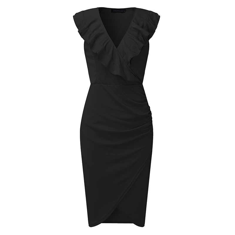 2021 High quality Women Summer Sexy Ladies Bodycon Dresses V Neck Sleeveless OL Pencil Ruffles Bandage Package