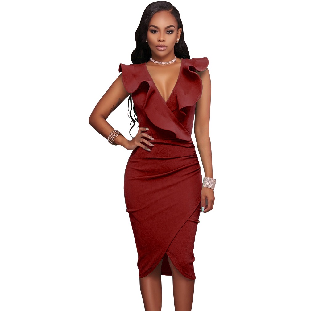 2021 High quality Women Summer Sexy Ladies Bodycon Dresses V Neck Sleeveless OL Pencil Ruffles Bandage Package
