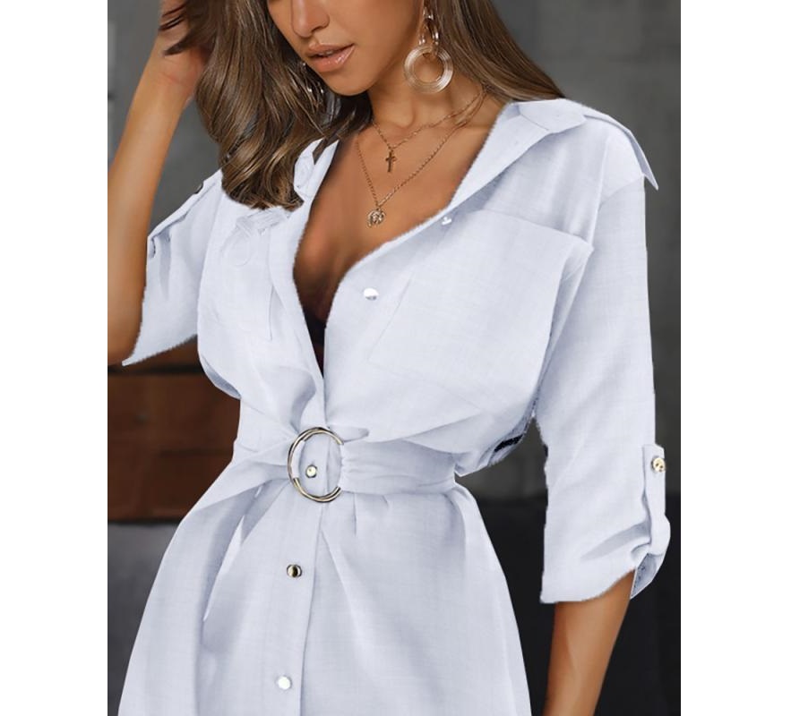 2021 High quality New Fashion Lady Shirt Dresses Short Sleeve Sexy V-neck Casual Dresses Pockets Bandage Mini Dress
