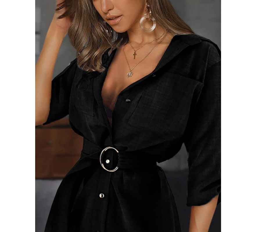 2021 High quality New Fashion Lady Shirt Dresses Short Sleeve Sexy V-neck Casual Dresses Pockets Bandage Mini Dress