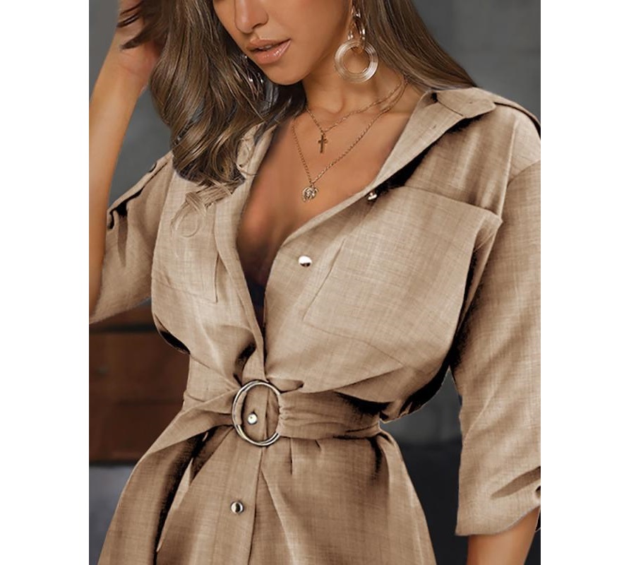 2021 High quality New Fashion Lady Shirt Dresses Short Sleeve Sexy V-neck Casual Dresses Pockets Bandage Mini Dress