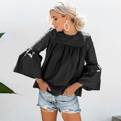2021 High quality Hot style spring summer women's fashion in pure color lace button long sleeve t-shirts tops