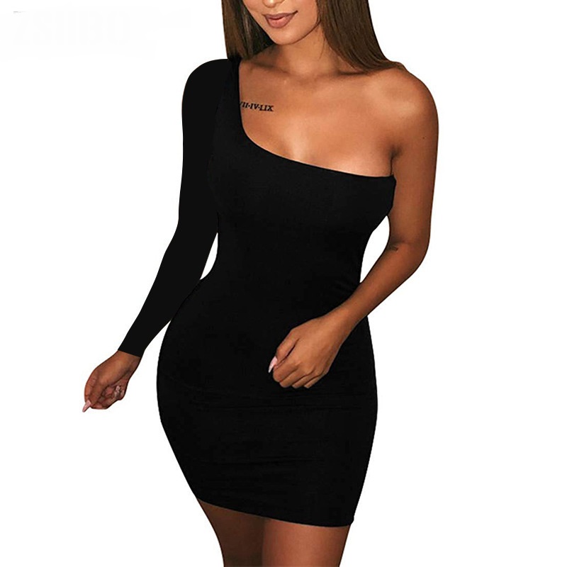 High quality Women's Casual Basic One Shoulder Tank Top Bodycon long sleeve sleeveless Mini Club Dresses