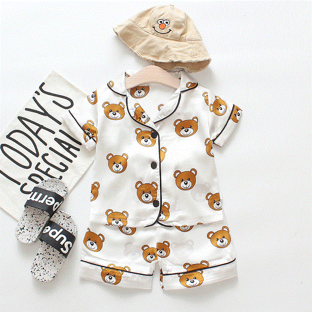 High quality Children's pajamas set Baby suit Kids Clothes Toddler Boys Girls Ice silk satin Cartoon printing Tops Pants Set home Wear