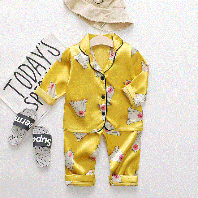 High quality Children's pajamas set Baby suit Kids Clothes Toddler Boys Girls Ice silk satin Cartoon printing Tops Pants Set home Wear