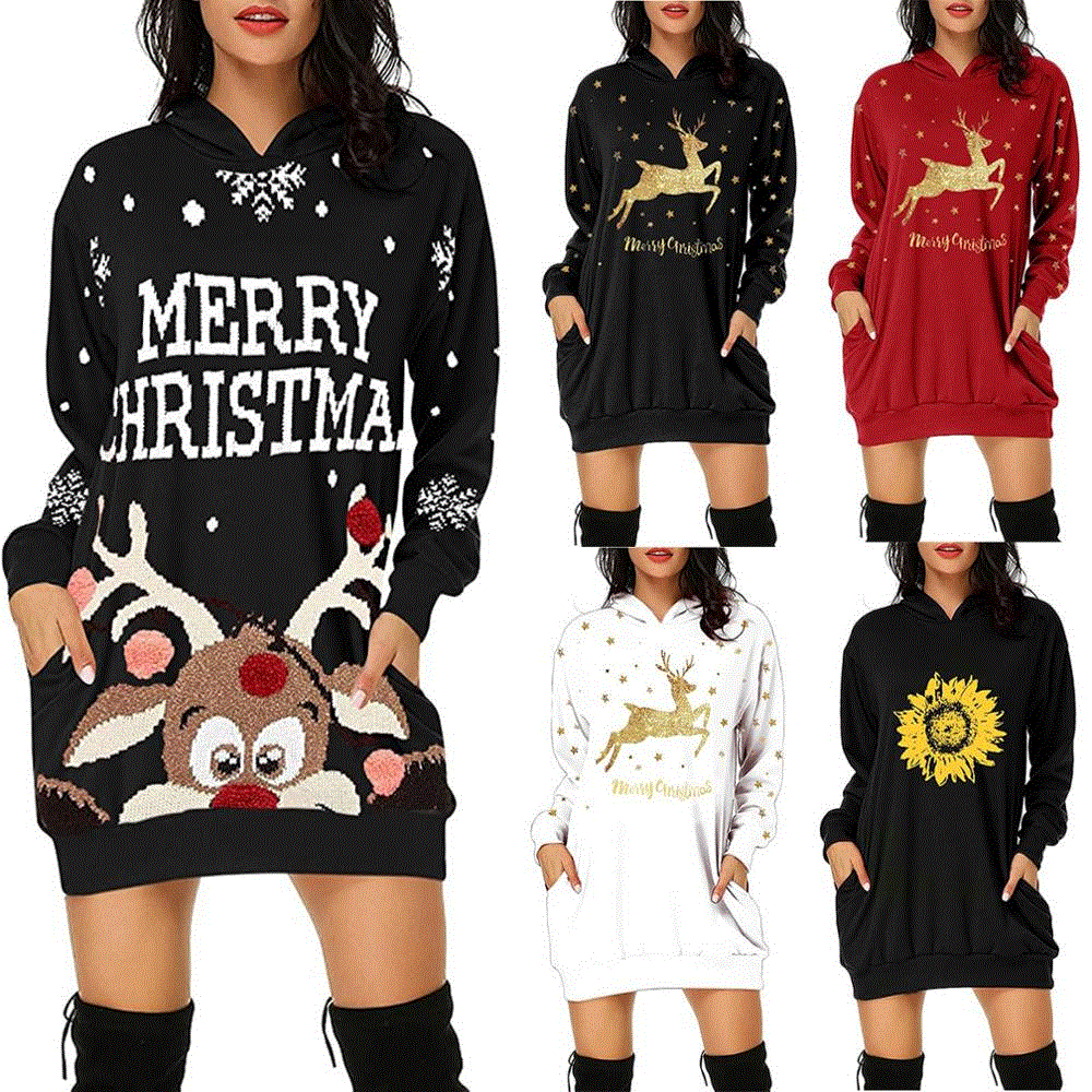 2021 High quality New Christmas Dress Women Fashion Christmas Hoodie Bag Hip Pocket Print Hoodie Fashion Dress Vestidos Invierno  Mujer Casual