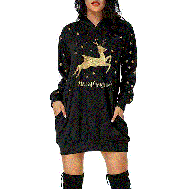 2021 High quality New Christmas Dress Women Fashion Christmas Hoodie Bag Hip Pocket Print Hoodie Fashion Dress Vestidos Invierno  Mujer Casual