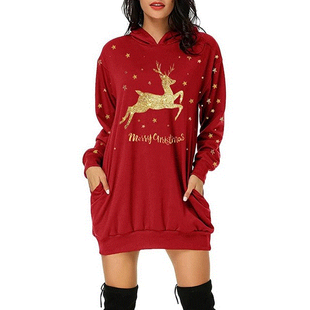 2021 High quality New Christmas Dress Women Fashion Christmas Hoodie Bag Hip Pocket Print Hoodie Fashion Dress Vestidos Invierno  Mujer Casual