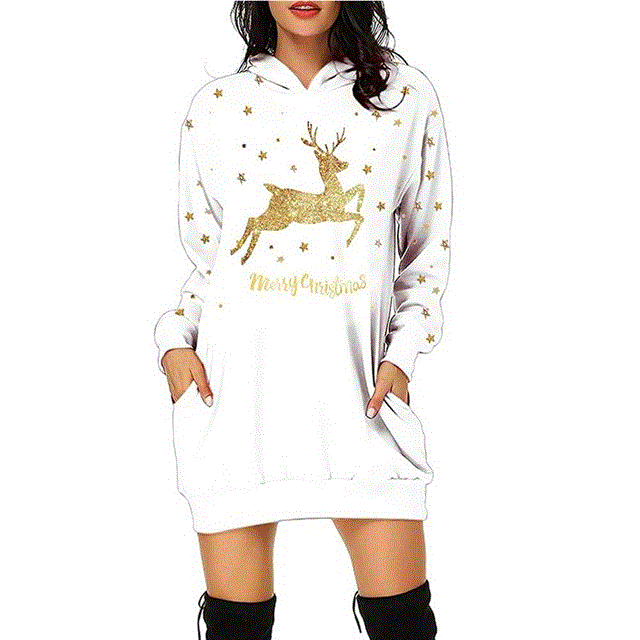 2021 High quality New Christmas Dress Women Fashion Christmas Hoodie Bag Hip Pocket Print Hoodie Fashion Dress Vestidos Invierno  Mujer Casual