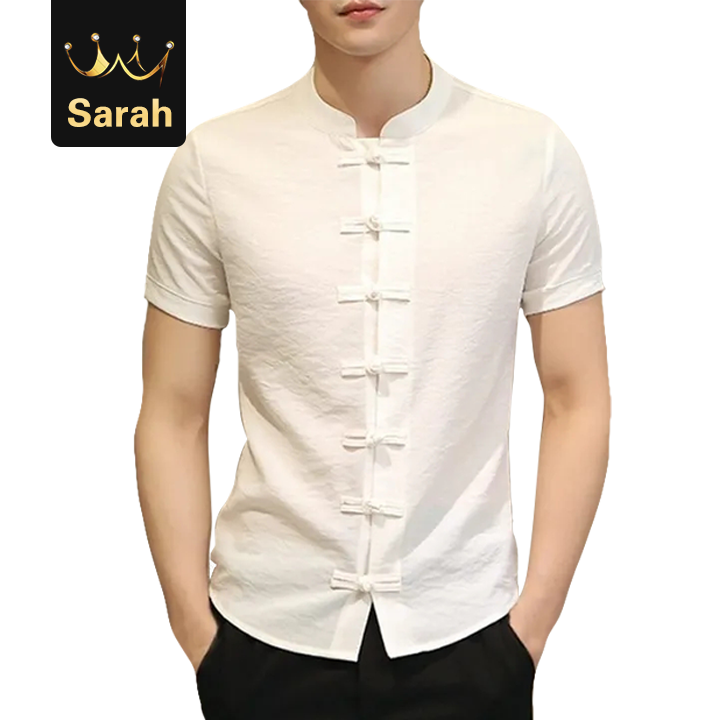 High quality Mens Shirts Short Sleeve Button Down Slim Fit Summer Chinese StyleTops Clothing