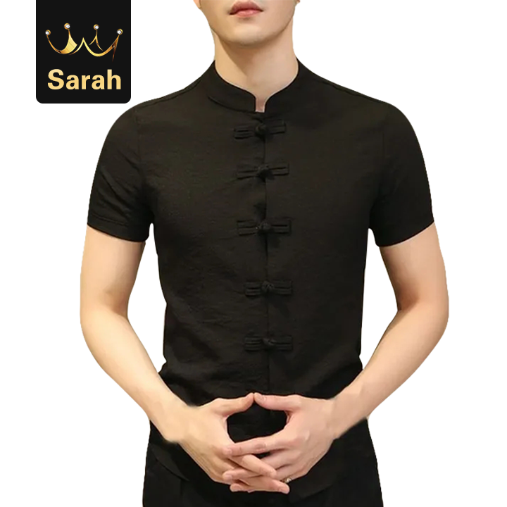 High quality Mens Shirts Short Sleeve Button Down Slim Fit Summer Chinese StyleTops Clothing