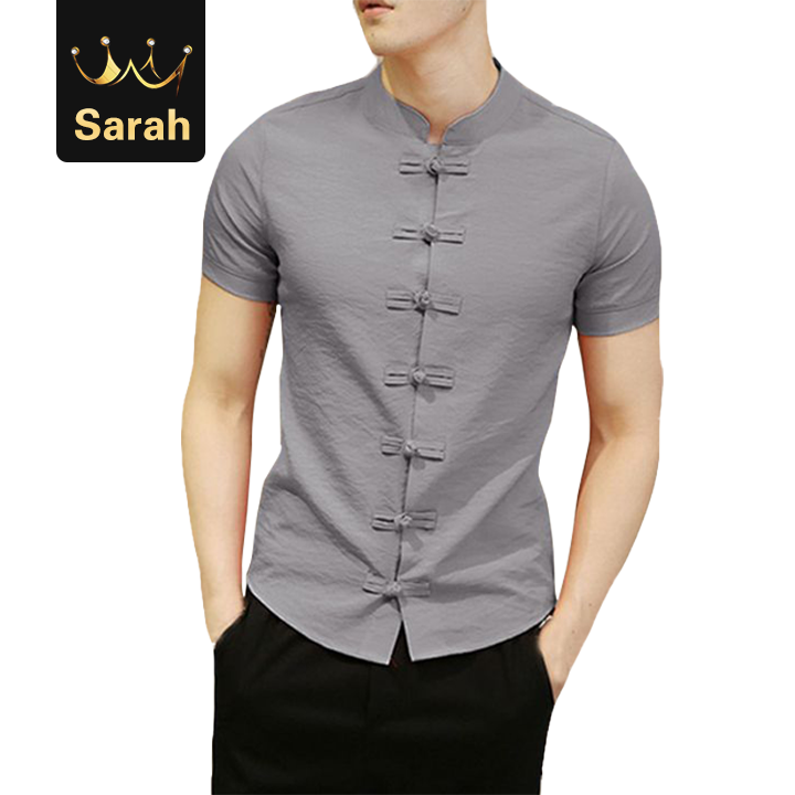 High quality Mens Shirts Short Sleeve Button Down Slim Fit Summer Chinese StyleTops Clothing