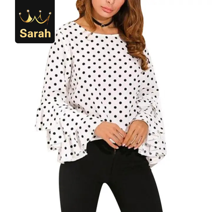 High quality Elegant Polka Dot Print Flare Sleeve Women Shirts Long Sleeve Chiffon Blouse Tops