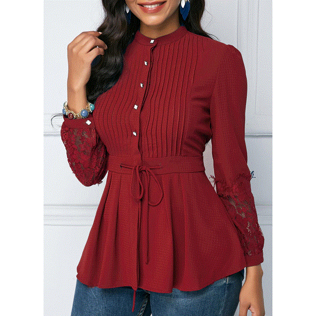 High quality Women's Blouse And Shirt Spring Sexy Hollow Out Lace Long Sleeve Office blusas