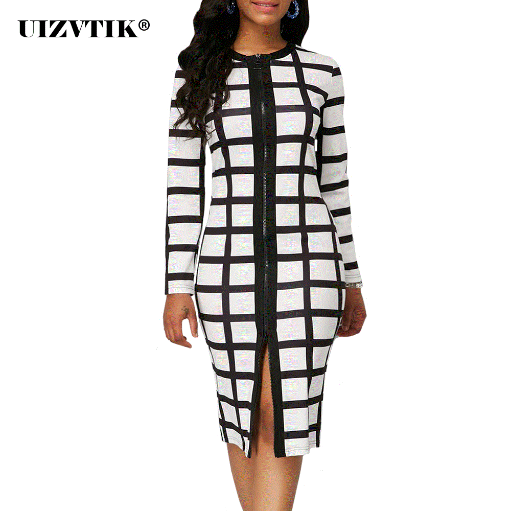 2021 High quality Black White Plaid Dress Women Autumn Summer  Casual Plus Size Slim Zipper Office Pencil Dresses Sexy Split Long Party Dress